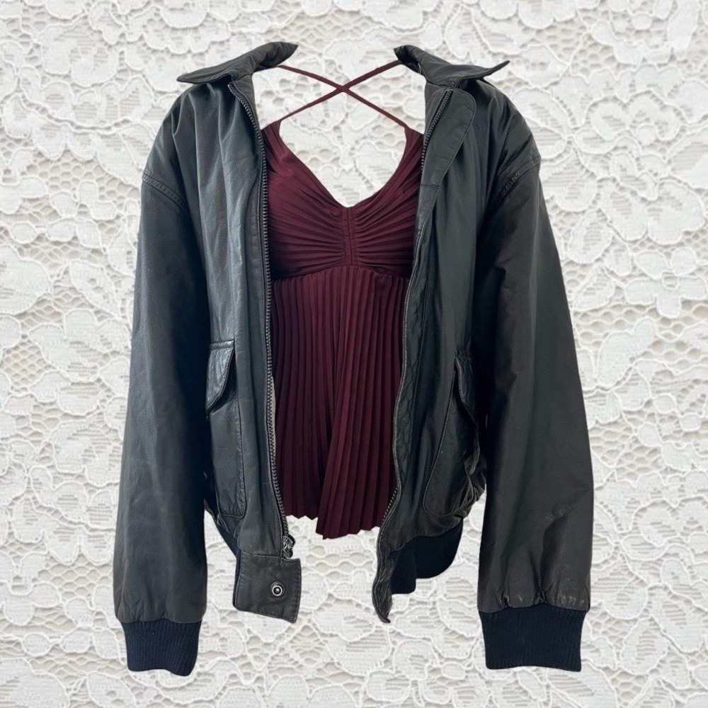 vintage black genuine leather bomber jacket